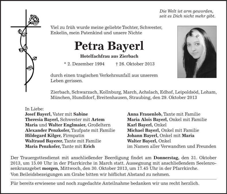Traueranzeige Petra Bayerl
