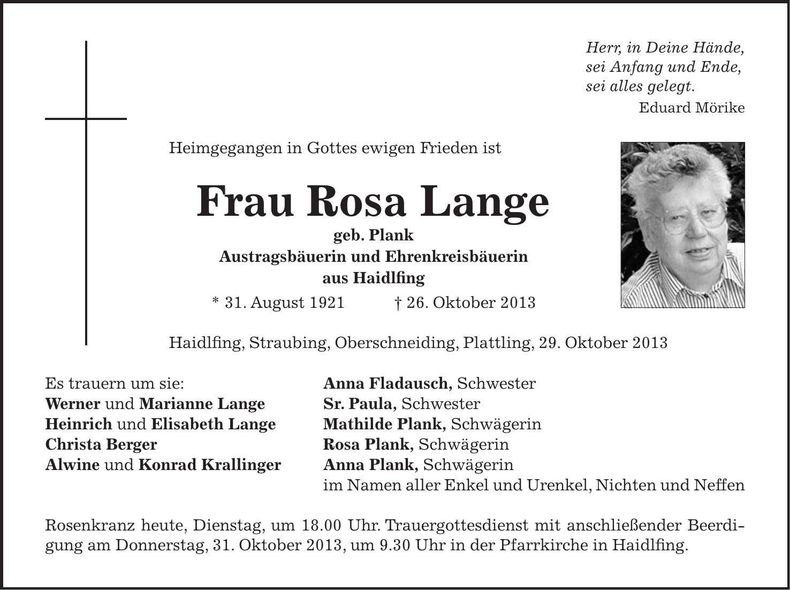 Traueranzeige Rosa Lange