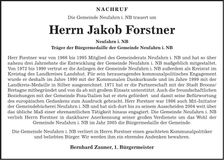 Traueranzeige Jakob Forstner