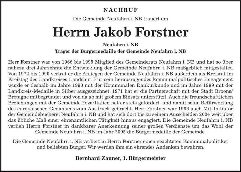 Traueranzeige Jakob Forstner