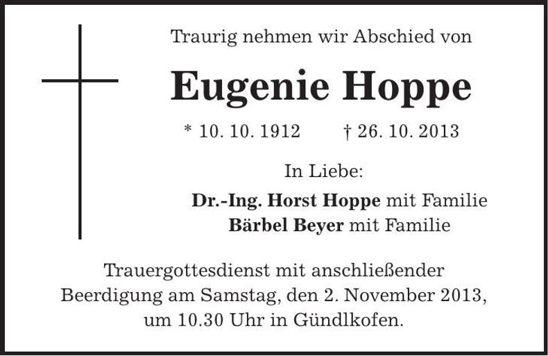 Traueranzeige Eugenie Hoppe