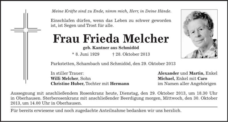 Traueranzeige Frieda Melcher