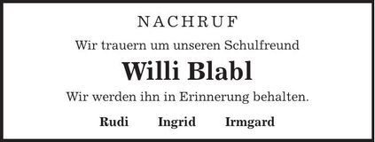 Traueranzeige Willi Blabl