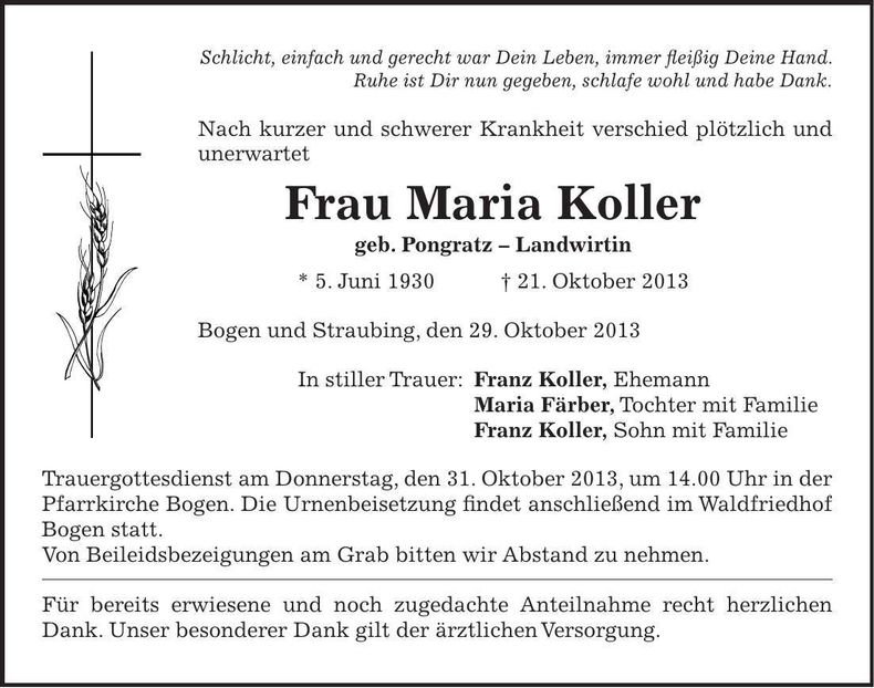 Traueranzeige Maria Koller