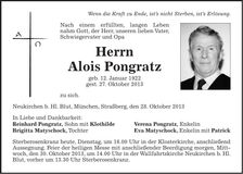 Traueranzeige Alois Pongratz