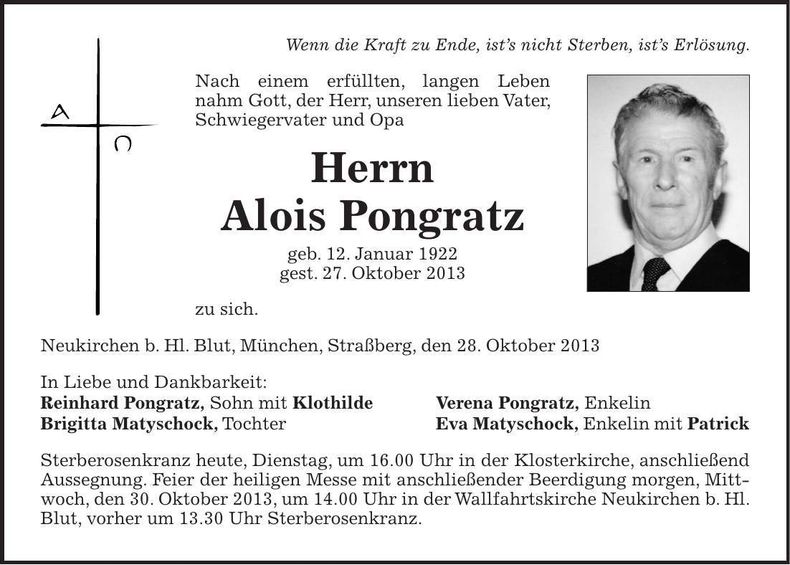 Traueranzeige Alois Pongratz