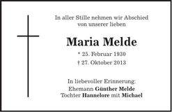 Traueranzeige Maria Melde