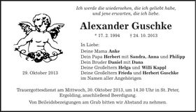 Traueranzeige Alexander Guschke