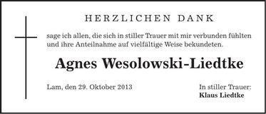 Traueranzeige Agnes Wesolowski-Liedtke