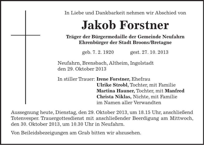 Traueranzeige Jakob Forstner
