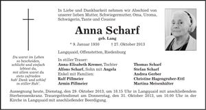 Traueranzeige Anna Scharf