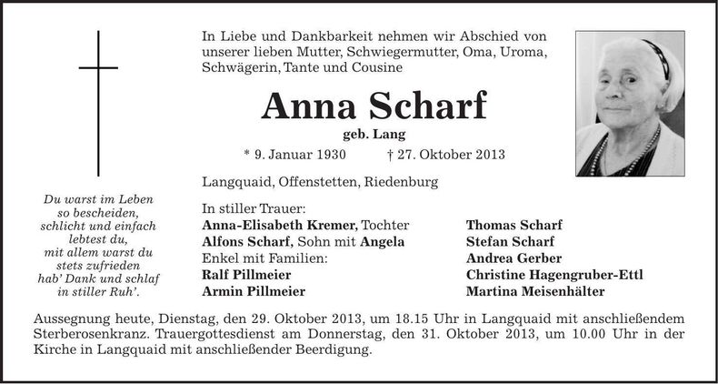 Traueranzeige Anna Scharf