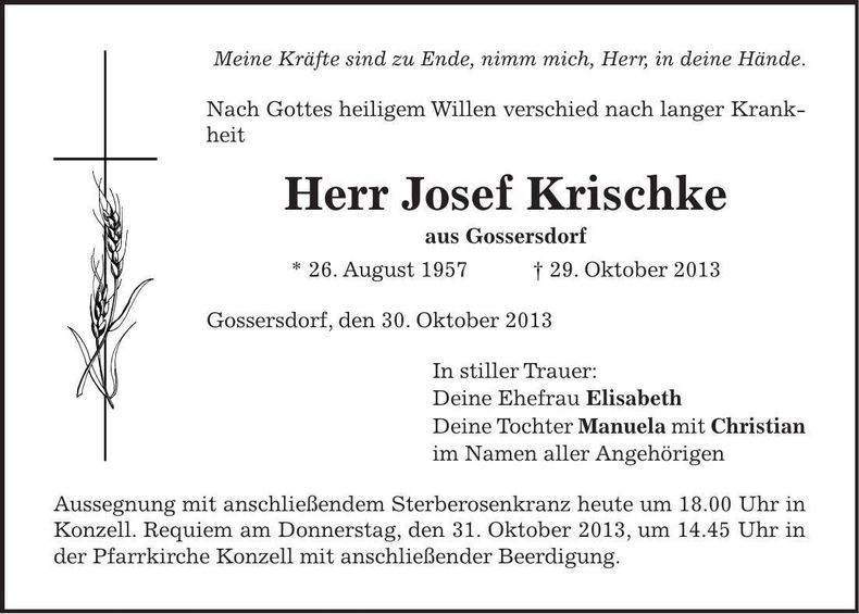 Traueranzeige Josef Krischke