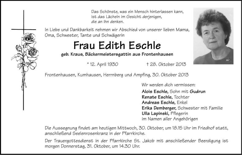 Traueranzeige Edith Eschle