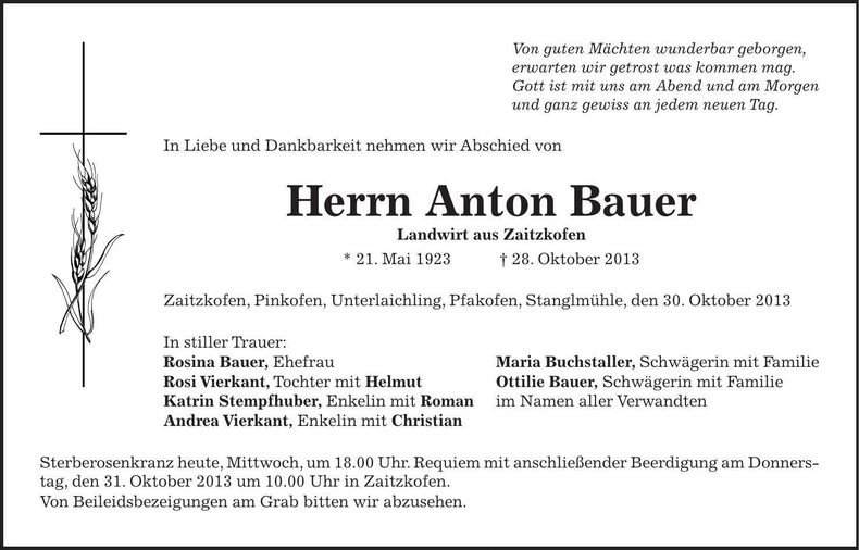 Traueranzeige Anton Bauer