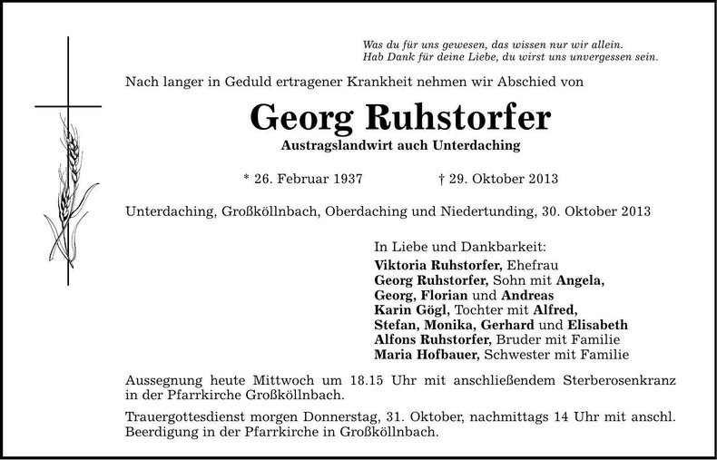 Traueranzeige Georg Ruhstorfer