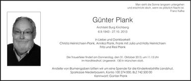 Traueranzeige Günter Plank