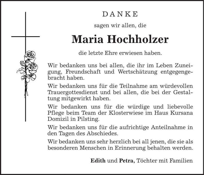 Traueranzeige Maria Hochholzer