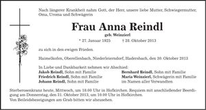 Traueranzeige Anna Reindl