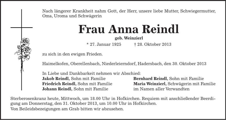 Traueranzeige Anna Reindl