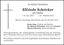 Traueranzeige Elfriede Schricker
