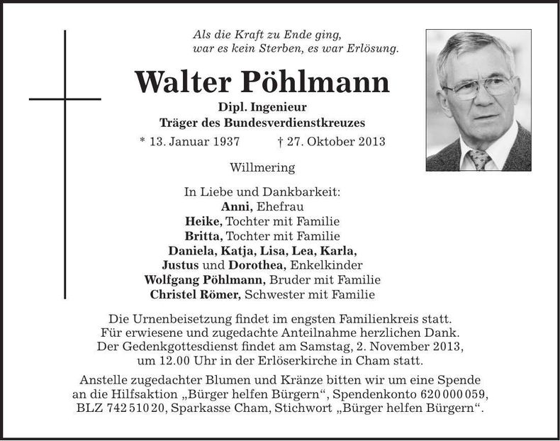 Traueranzeige Walter Pöhlmann