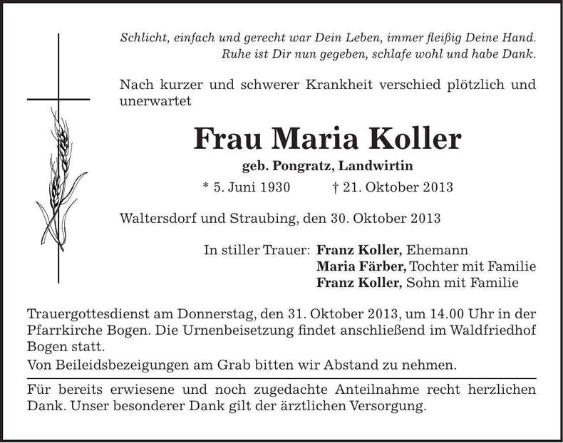 Traueranzeige Maria Koller
