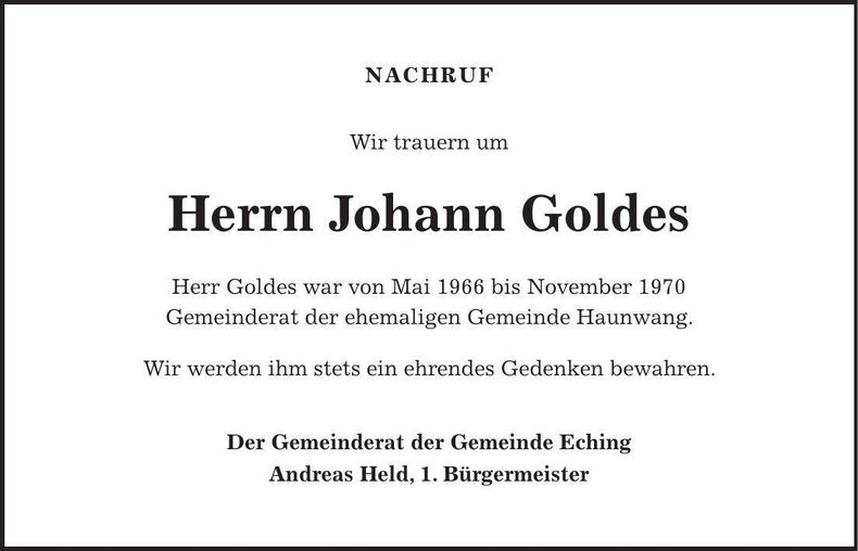 Traueranzeige Johann Goldes