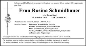 Traueranzeige Rosina Schmidbauer
