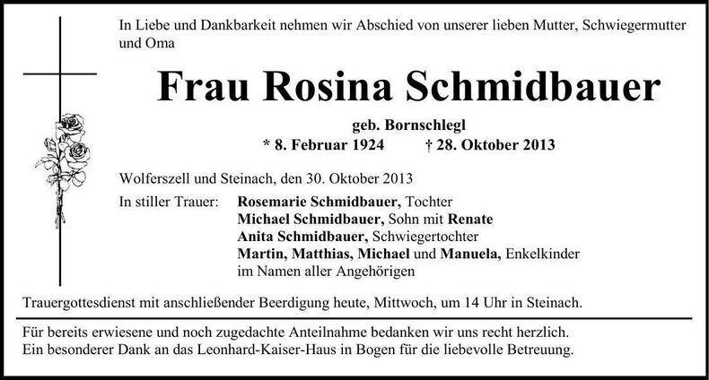 Traueranzeige Rosina Schmidbauer