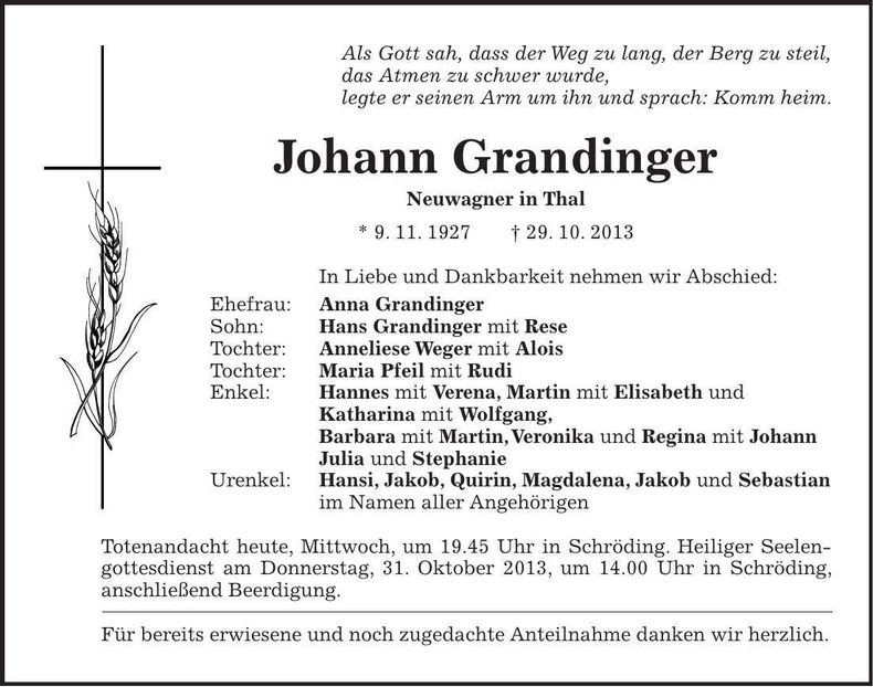 Traueranzeige Johann Grandinger