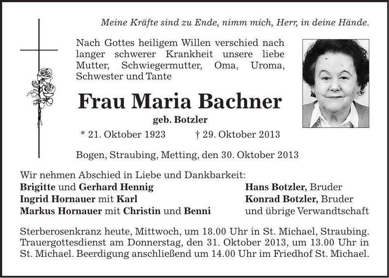 Traueranzeige Maria Bachner