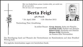Traueranzeige Berta Feigl