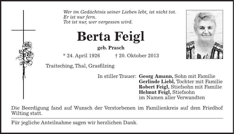 Traueranzeige Berta Feigl