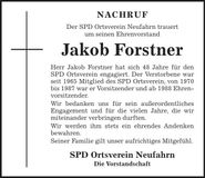 Traueranzeige Jakob Forstner