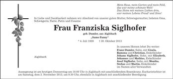 Traueranzeige Franziska Siglhofer