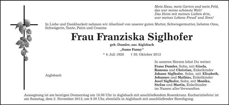 Traueranzeige Franziska Siglhofer