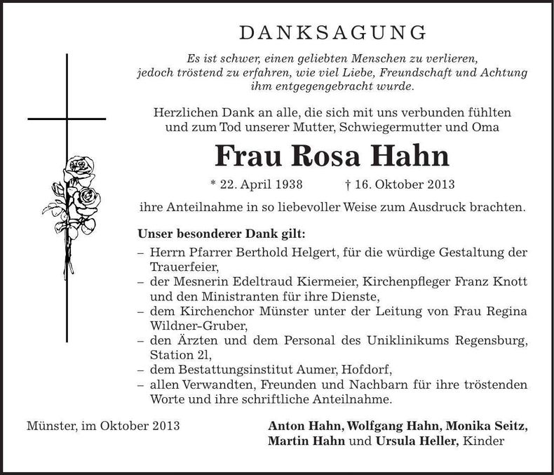 Traueranzeige Rosa Hahn