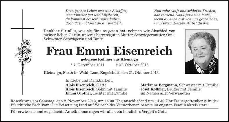 Traueranzeige Emmi Eisenreich