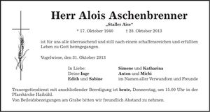 Traueranzeige Alois Aschenbrenner
