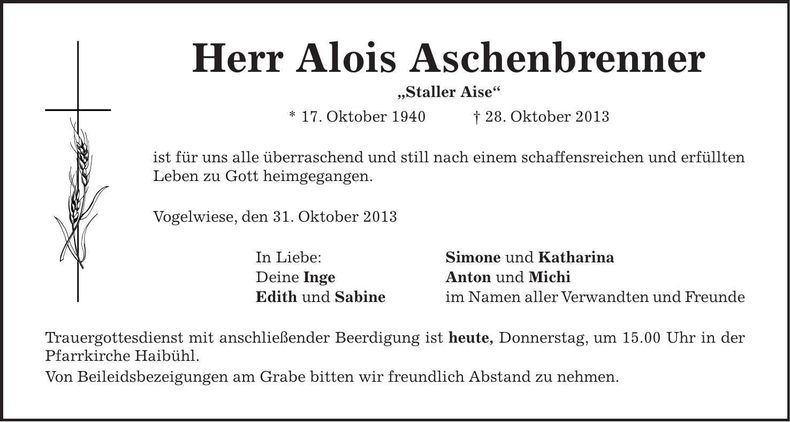Traueranzeige Alois Aschenbrenner
