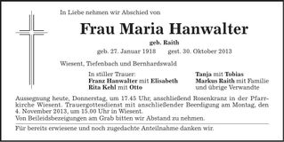 Traueranzeige Maria Hanwalter