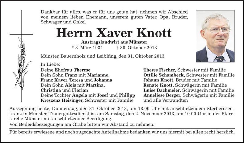 Traueranzeige Xaver Knott