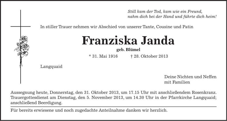 Traueranzeige Franziska Janda