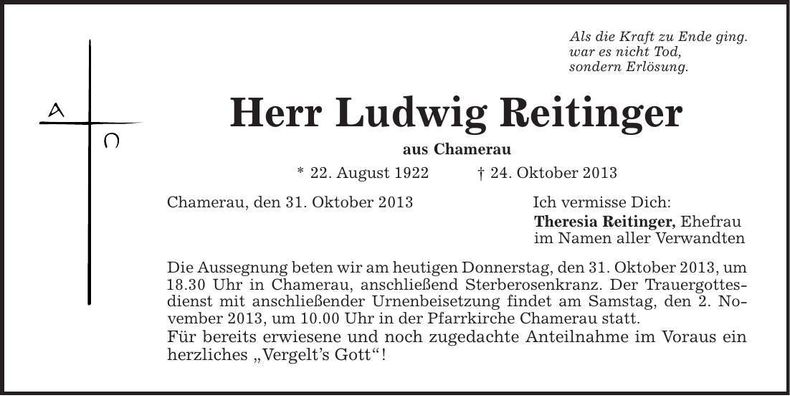 Traueranzeige Ludwig Reitinger