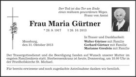 Traueranzeige Maria Gürtner
