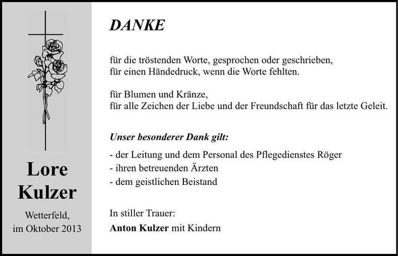 Traueranzeige Lore Kulzer