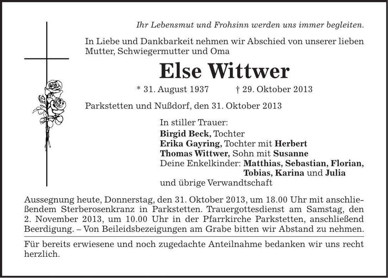 Traueranzeige Else Wittwer