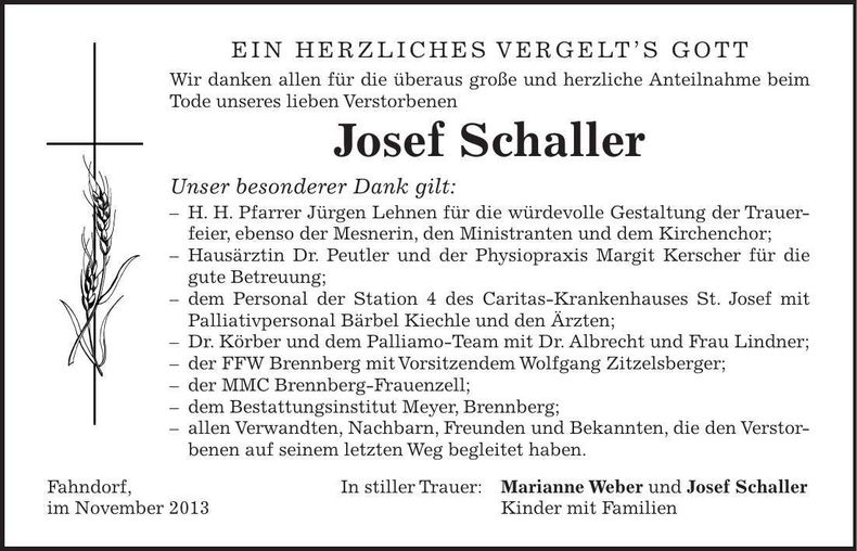 Traueranzeige Josef Schaller