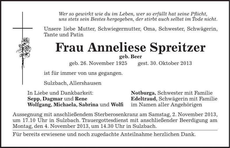 Traueranzeige Anneliese Spreitzer